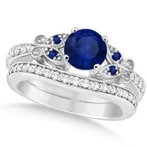 Butterfly Blue Sapphire and Diamond Bridal Set 14k White Gold 2.05ct - All