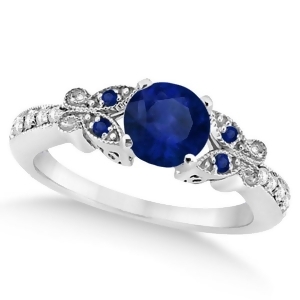 Butterfly Blue Sapphire and Diamond Engagement Ring 18k White Gold .88ct - All