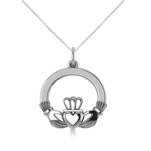 Heart Charm Claddagh Pendant Necklace in 14k White Gold - All