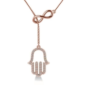 Infinity and Hamsa Religious Lariat Necklace 14k Rose Gold 0.20ct - All