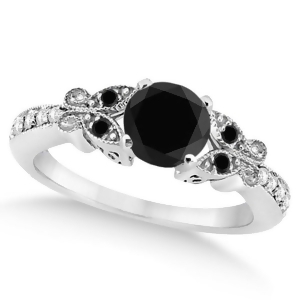 Butterfly Black and White Diamond Engagement Ring 18k White Gold .92ct - All