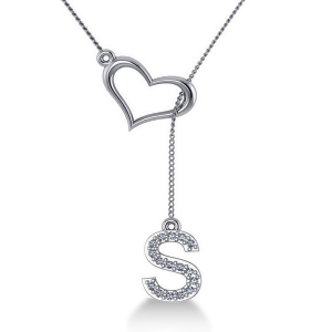 Heart and Diamond Initials Lariat Pendant Necklace 14k White Gold - All
