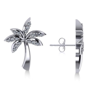 Diamond Palm Tree Summer Earrings 14k White Gold 0.20ct - All