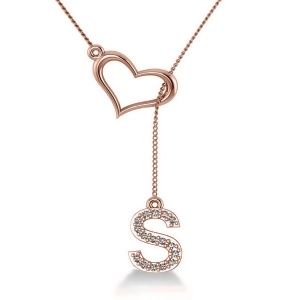 Heart and Diamond Initials Lariat Pendant Necklace 14k Rose Gold - All
