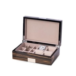 Ebony 4 Watch and 9 Cufflink Wood Valet Box w/ Stainless Steel Accent - All