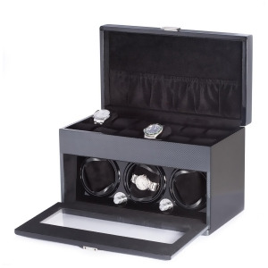 Carbon Fiber Steel Gray 3 Watch Winder w/ Settings for 12 Watches - All