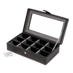 Velour Lined Leather 12 Cufflink Box with Glass Top - All