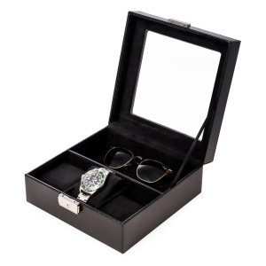Black Leather Watch and Accessory Case w/ Glass Top and Locking Clasp - All