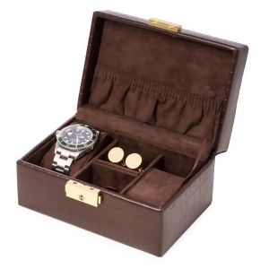 Brown Croco Leather 2 Watch Cufflink and Accessories Box - All