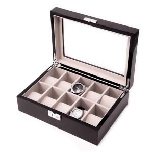 Steel Gray Wood 10 Watch Case w/ Glass Top and Silver Accents - All