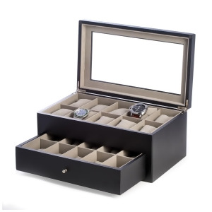 Matte Wood 20 Watch Box w/ Glass Top and Drawer and Pillows - All
