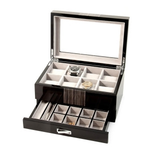 Wenge Wood 8 Watch Box w/ Glass Top Drawer for Cufflinks and Pens - All