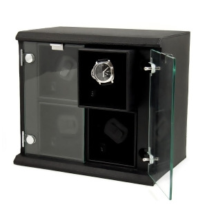Black Leather Quadruple Watch Winder w/ Removable Winders - All