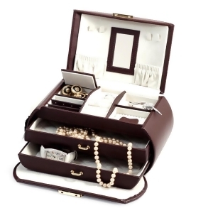 Brown Leather 3 Level Jewelry Box w/ Mirror and a Locking Clasp - All