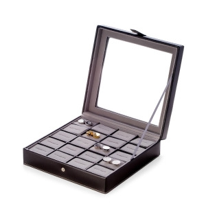 Black Leather 20 Cufflink Box with Glass Top and Snap Closure - All