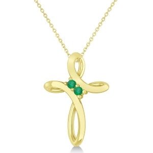 Emerald Two Stone Swirl Cross Pendant Necklace 14k Yellow Gold 0.10ct - All