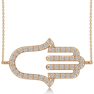 Sideways Hamsa Diamond Pendant Necklace 14k Rose Gold 0.23ct - All