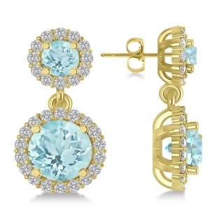 Two Stone Dangling Aquamarine and Diamond Earrings 14k Yellow Gold 3.00ct - All