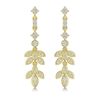 Diamond Floral Vine Leaf Dangling Earrings 14k Yellow Gold 1.06ct - All