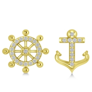 Anchor and Ship's Wheel Diamond Mismatched Earrings 14k Yellow Gold 0.21ct - All
