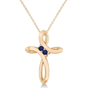 Blue Sapphire Two Stone Swirl Cross Pendant Necklace 14k Rose Gold 0.10ct - All