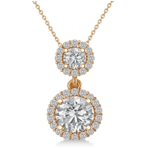 Two Stone Halo Diamond Pendant Necklace 14k Rose Gold 1.50ct - All