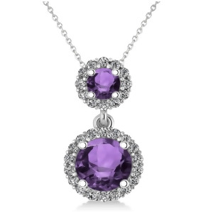 Two Stone Amethyst and Halo Diamond Necklace 14k White Gold 1.50ct - All