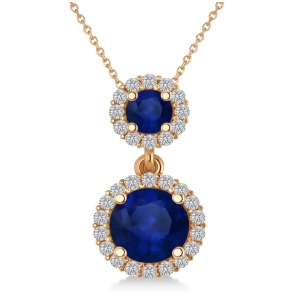 Two Stone Blue Sapphire and Halo Diamond Necklace 14k Rose Gold 1.50ct - All