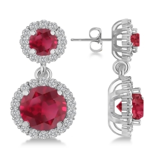 Two Stone Dangling Ruby and Diamond Earrings 14k White Gold 3.00ct - All