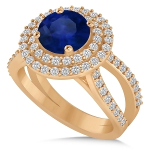 Double Halo Blue Sapphire Engagement Ring 14k Rose Gold 2.27ct - All