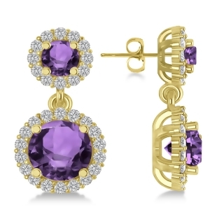 Two Stone Dangling Amethyst and Diamond Earrings 14k Yellow Gold 3.00ct - All