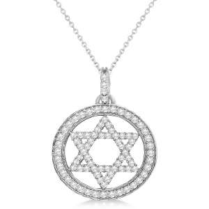 Star of David Diamond Circle Pendant Necklace 14k White Gold 0.90ct - All
