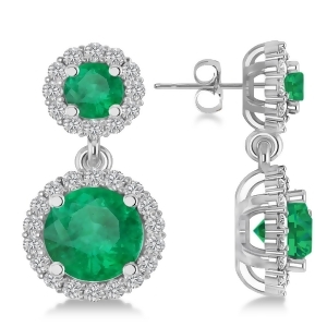 Two Stone Dangling Emerald and Diamond Earrings 14k White Gold 3.00ct - All