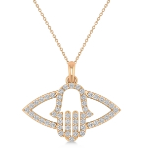 Evil Eye Hamsa Diamond Pendant Necklace 14k Rose Gold 0.52ct - All