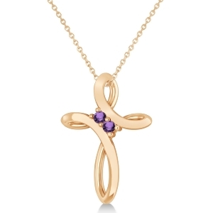 Amethyst Two Stone Religious Cross Pendant Necklace 14k Rose Gold 0.10ct - All