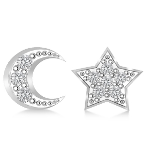 Moon and Star Diamond Mismatched Earrings 14k White Gold 0.14ct - All