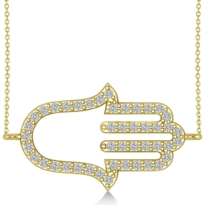 Sideways Hamsa Diamond Pendant Necklace 14k Yellow Gold 0.23ct - All