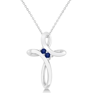 Blue Sapphire Two Stone Swirl Cross Pendant Necklace 14k White Gold 0.10ct - All