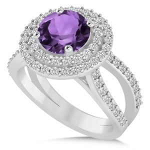 Double Halo Amethyst Engagement Ring 14k White Gold 2.27ct - All