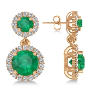 Two Stone Dangling Emerald and Diamond Earrings 14k Rose Gold 3.00ct - All
