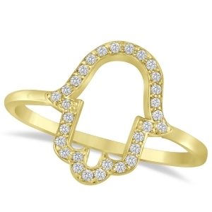 Hand of God Hamsa Ladies Diamond Ring 14k Yellow Gold 0.15ct - All
