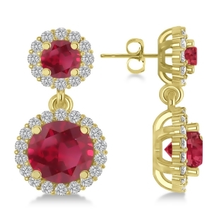 Two Stone Dangling Ruby and Diamond Earrings 14k Yellow Gold 3.00ct - All