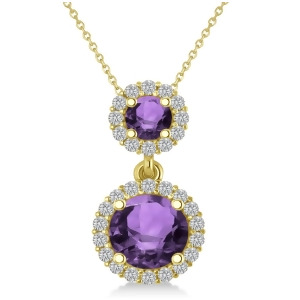 Two Stone Amethyst and Halo Diamond Necklace 14k Yellow Gold 1.50ct - All