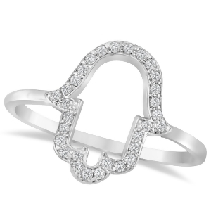 Hand of God Hamsa Ladies Diamond Ring 14k White Gold 0.15ct - All