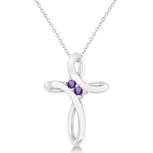 Amethyst Two Stone Swirl Cross Pendant Necklace 14k White Gold 0.10ct - All