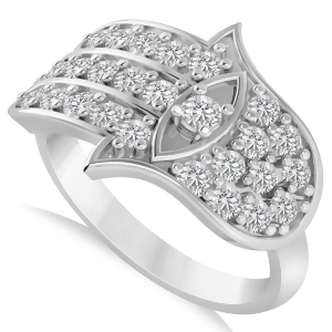 Diamond Hamsa Hand of God Fashion Ring 14k White Gold 0.82ct - All