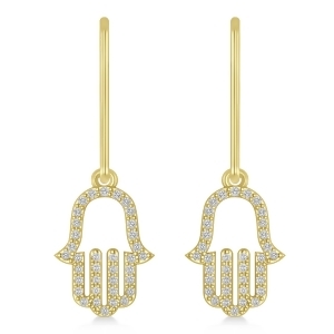 Hand of God Hamsa Dangling Diamond Earrings 14k Yellow Gold 0.36ct - All