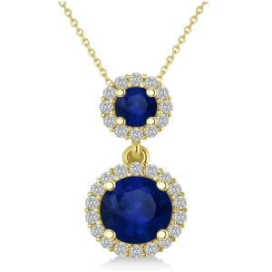 Two Stone Blue Sapphire and Halo Diamond Necklace 14k Yellow Gold 1.50ct - All