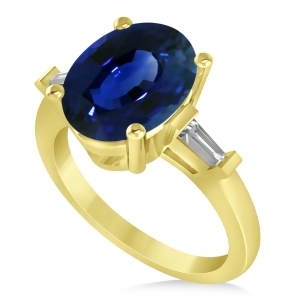 Oval and Baguette Cut Blue Sapphire Engagement Ring 14k Yellow Gold 3.30ct - All