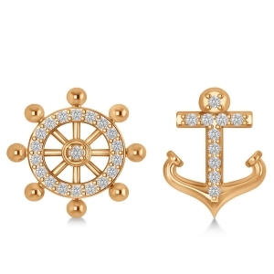 Anchor and Ship's Wheel Diamond Mismatched Earrings 14k Rose Gold 0.21ct - All